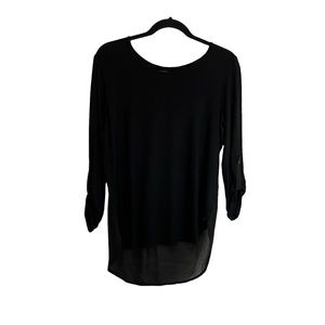 Ellen Tracy Black Semi Sheer Hi Low Hem Roll Tab Sleeves Top Blouse Women Size S